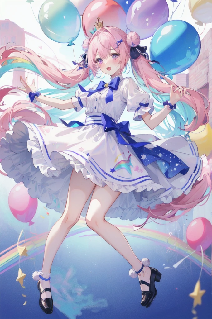 (whole body, legs and shoes visible: 1.2)) Expressive eyes, One girl, Pale skin, Long Hair, Windblown Hair, ((absurdly Long Hair)), Long Side Lock, Princess bangs, Hair bangs, Hair Bun, ((Very long twin tails)), Rainbow Hair, Light pink hair, blush, full face blush, big sparkling Pastel Purple eyes, (Gradient Eye), Laughing with your mouth open, cute pose, ((Holding a balloon : 1.3)) ((cute and pastel fashion)) ((🦄🎠🎈🎉 theme : 1.4)) A loose pastel dress, ((Dreamy multi-colored open dress)), (Floating ribbon), Lavender Frill, Pink frills, (Light blue lace), Removable short sleeves, Fluffy skirt, ((Rainbow and star printed skirt : 1.3)), Lolita Skirt, Purple ribbon, ((pom pom ribbon hair ornament : 1.4)), Multiple Bows, Striped lace stockings, (heart型のレッグガーター), cute (Pastel Purple) shoes ((Ultra-detailed clothing and fashion)) I&#39;m watching you, Vintage Girl, blush, (Beautiful attention to detail), (Highly detailed CG Unity 8k wallpaper) (Best Shadow), ((Very delicate and beautiful)), (Detailed light), ((Depth of written boundary)) Big Head, Big, bright eyes, Moe, Splash Art, Cinema Lighting, Front view, volumetric lighting maximalist photo illustration k resolution high resolution intricate detailed complex key visuals precise linear ((Dreamy pastel sky background, Surrounded by sunset clouds, shooting star, Castle above the clouds)) ((Ultra-detailed landscapes, Foggy clouds, Hung by balloons, heart : 1.3))