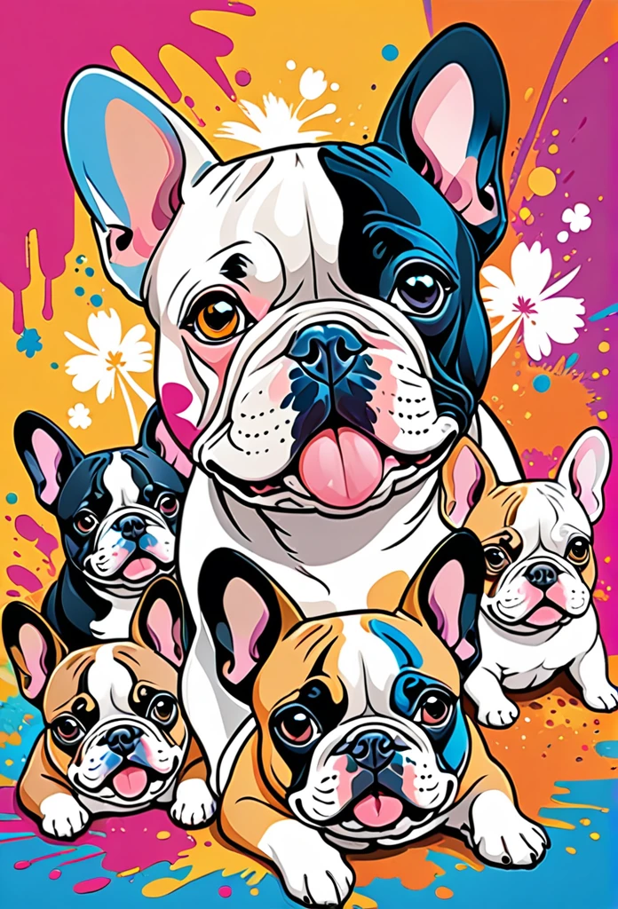Vector Art, Colorful illustration with lots of cute French bulldogs, In the center, Vibrant colors, Paint splatters and stains, High Detail,Hawaiian style background