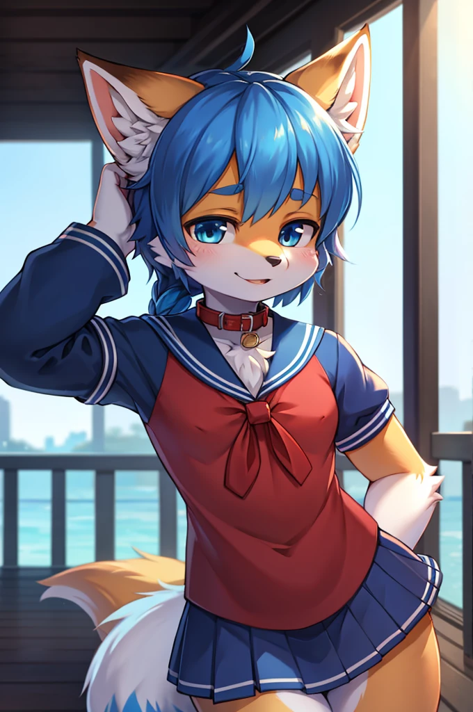 fox boy,Red collar,4K resolution,Sailor uniform,Blue hair color,