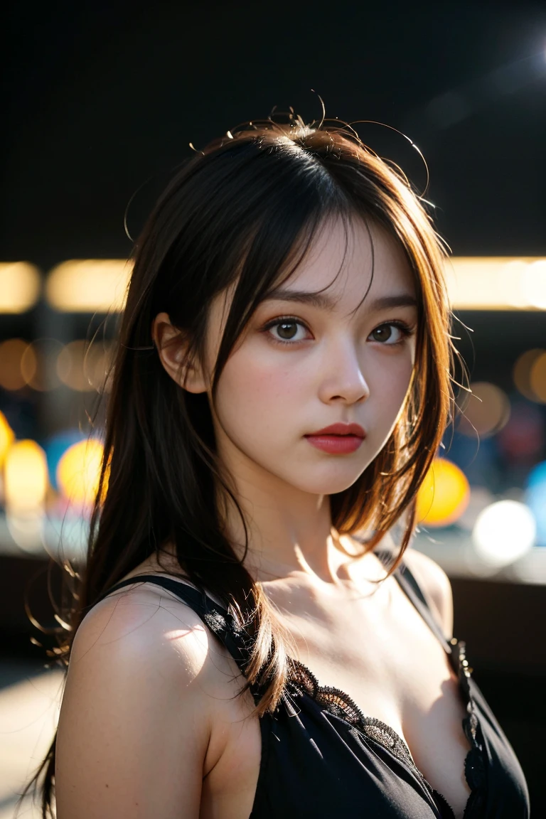 (Sharp focus:1.2), One girl, wear (シンプルin透け感のあるランジェリー:1.2) in (Gala:1.2), (Moody lighting:1.2), Depth of written boundary, Bokeh, 4K, High resolution. by (Alphonse Mucha:1.1).