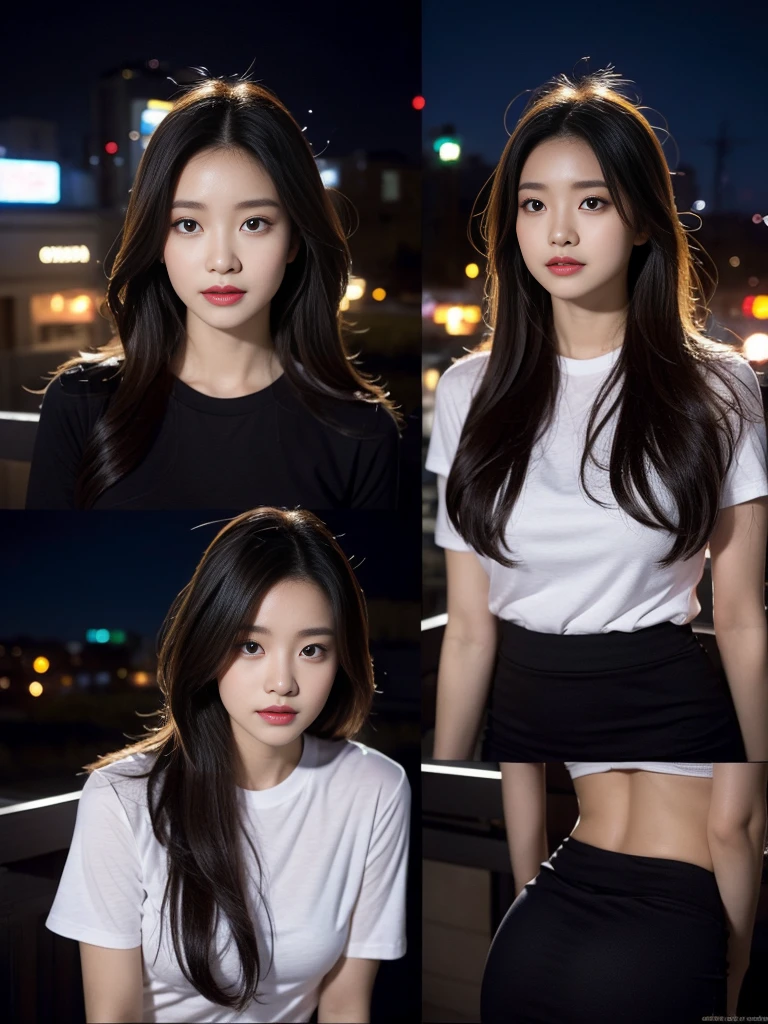 ((midynight, Acura, 8k, tmasterpiece: 1.3)), full bodyesbian, long leges, Focalors: 1.2, perfect figure beautiful woman: 1.4, Slim abs: 1.1, (dark brown hair,: 1.2 )), (tight tshirt, pleatedskirt,sitting on a stool: 1.2), (city night scene, the roof: 1.3)), Highly Detailed Face and Skin Textur, detailedeyes, double eyelid,