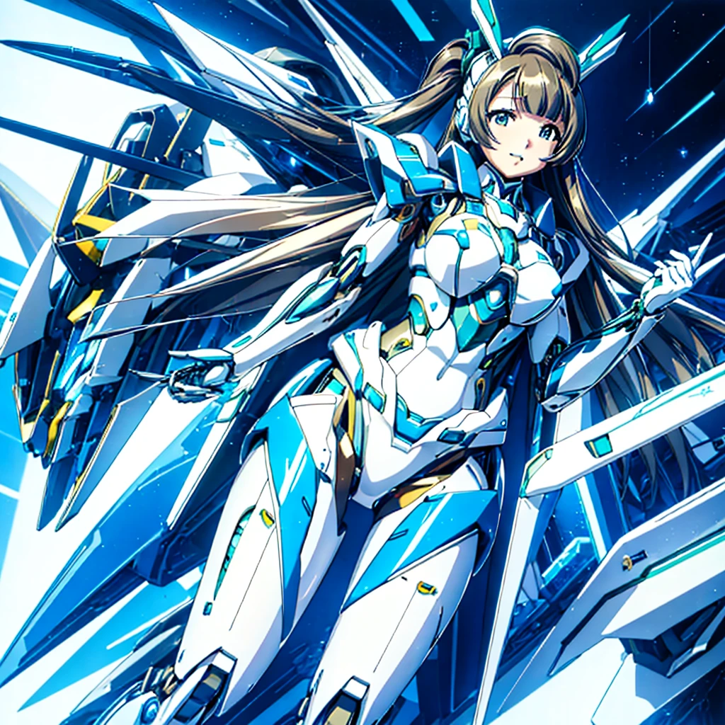 masterpiece, high quality, During the mechanized modification operation、Minami Kotori, who has been turned into a mechanical body cyborg、Gynoid cyborg body modification surgery、Blue and white leotard armor、A precisely mechanized body、Single image、from the front,Put the whole body