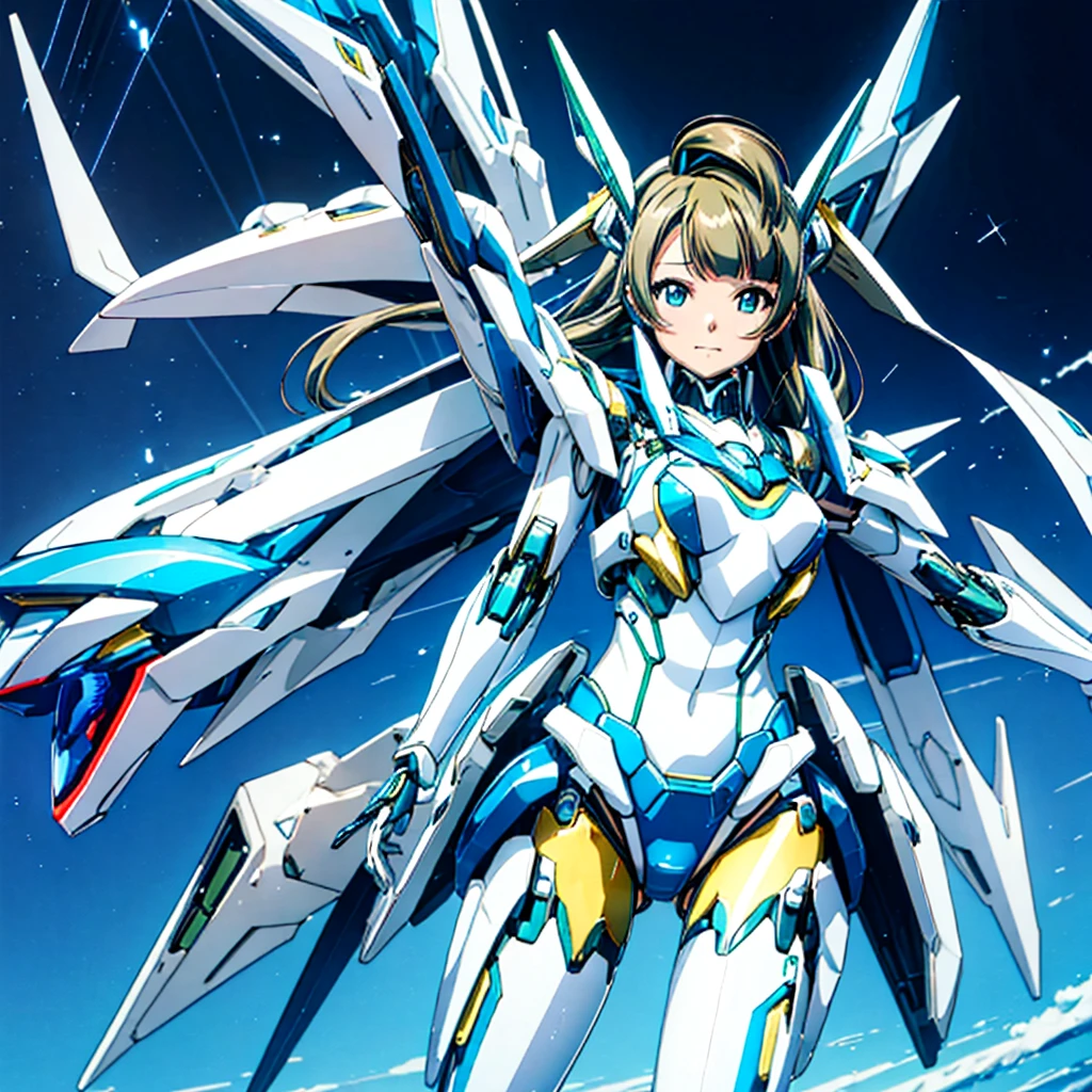 masterpiece, high quality, During the mechanized modification operation、Minami Kotori, who has been turned into a mechanical body cyborg、Gynoid cyborg body modification surgery、Blue and white leotard armor、A precisely mechanized body、Single image、from the front,Put the whole body