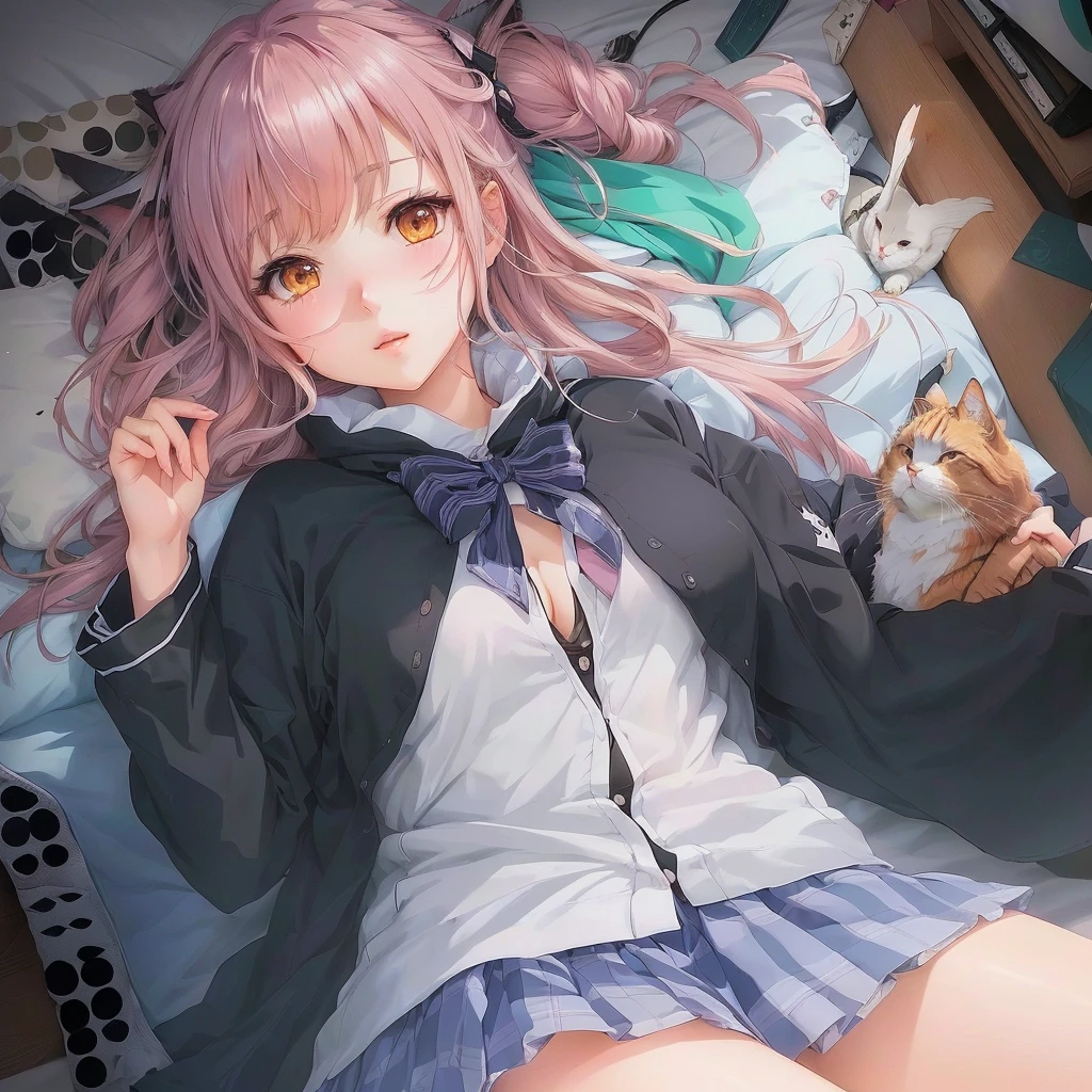 Anime Girls laying on a bed with a cat and a bird, Cute girl anime visuals, Anime Moe Art Style, Soft anime illustration, Smooth anime CG art, Gwaiz on pixiv artstation, Detailed digital anime art, (Anime Girls), Beautiful anime school girl, Nightcore, Zerochan Art, Beautiful and detailed anime art, Gwaiz