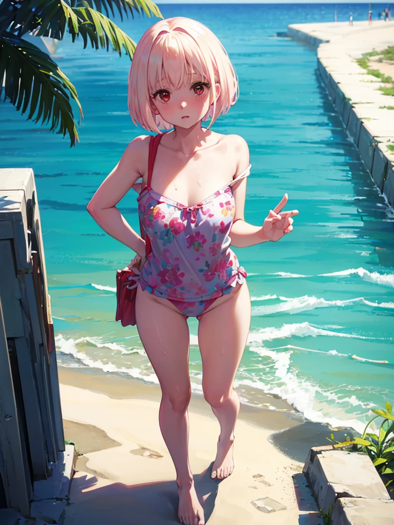 Random patterned swimsuit、,Swimsuit,Blushing、short hair、Pale red eyes、Light cream colored hair、Head to toe full body、Blushing、Embarrassed look、Composition from the front、A view from slightly below、school swimwear、Acme Face、Random pose、, 、nsfw、Highest quality、1 girl、solo、Ocean、Sandy Beach、Sexy pose、Random pose、Blushing、wet、Embarrassed、I can see half of my 、、One piece swimsuit、(Strap slip:1.3)、