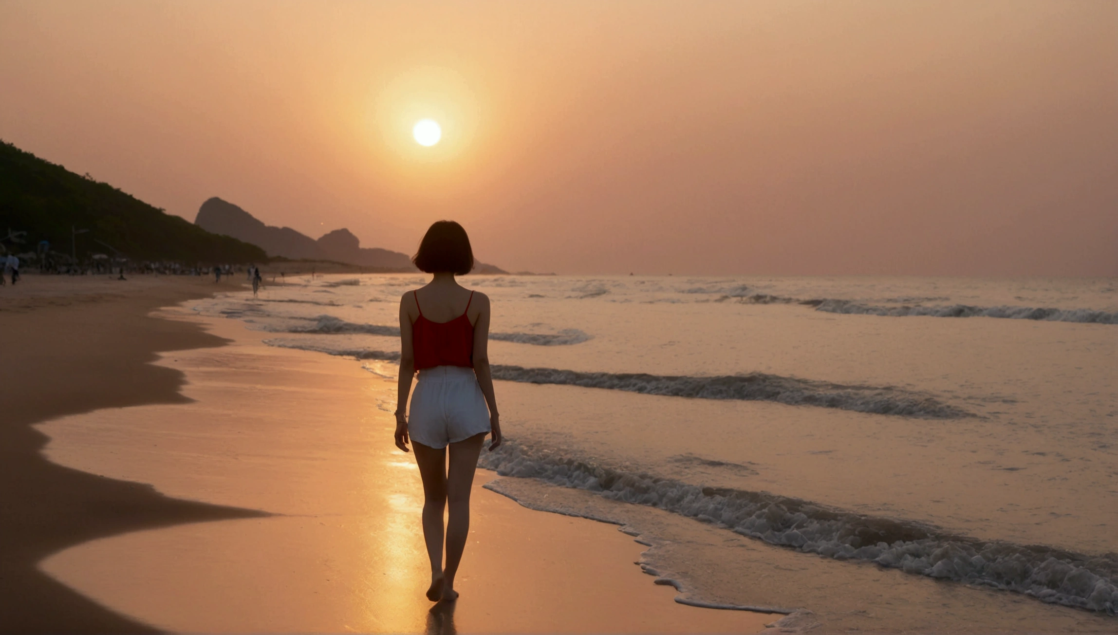 8k, Vivid picture quality, Vivid picture quality, long deserted beach, Full body shot from a distance with a wide angle lens, Short hair, beautiful appearance, Model-like body, Short and slim Korean woman, sunset의 붉은 빛, sunset, alone, afternoon, depressed, tide가 밀려온다, ocean, tide, wind, Clear picture quality, tower, White shorts, Look at the camera, Short hair, walk on the beach, strong red light