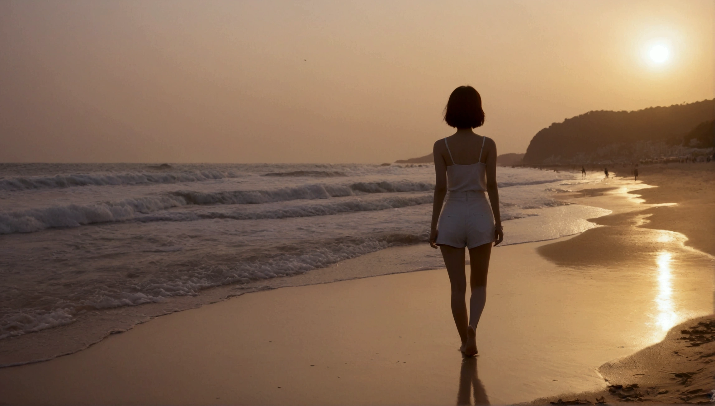 8k, Vivid picture quality, Vivid picture quality, long deserted beach, Full body shot from a distance with a wide angle lens, Short hair, beautiful appearance, Model-like body, Short and slim Korean woman, sunset의 붉은 빛, sunset, alone, afternoon, depressed, tide가 밀려온다, ocean, tide, wind, Clear picture quality, tower, White shorts, Look at the camera, Short hair, walk on the beach, strong red light