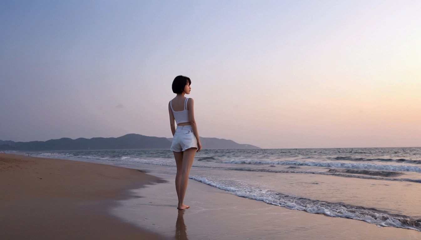 8k, Vivid picture quality, Vivid picture quality, long deserted beach, Full body shot from a distance with a wide angle lens, Short hair, beautiful appearance, Model-like body, Short and slim Korean woman, sunset의 붉은 빛, sunset, alone, afternoon, depressed, tide가 밀려온다, ocean, tide, wind, Clear picture quality, tower, White shorts, Look at the camera, Short hair, walk on the beach, strong red light