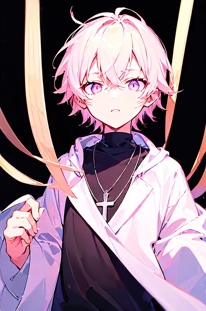 [(BLACK BACKGROUND:1.5)], ((((masterpiece)))), high quality, ((solo)), ((1 little boy)), ((white short hair)), (pink color eyes), upper body, civilian clothes white, Necklace of crosses, (Dark effect:1), anime,