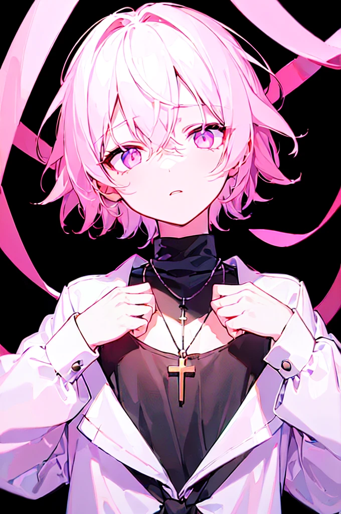 [(BLACK BACKGROUND:1.5)], ((((masterpiece)))), high quality, ((solo)), ((1 little boy)), ((white short hair)), (pink color eyes), upper body, civilian clothes white, Necklace of crosses, (Dark effect:1), anime,