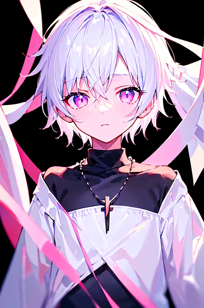 [(BLACK BACKGROUND:1.5)], ((((masterpiece)))), high quality, ((solo)), ((1 )), ((white short hair)), (pink color eyes), upper body, civilian clothes white, Necklace of crosses, (Dark effect:1), anime,