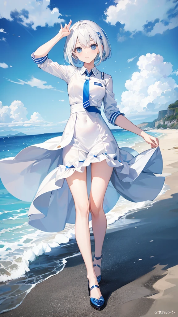 White and blue tie dress cool white-haired girl on the coast（（Full body pictures）），Perfectly proportioned body，slim，Lively, Cheerful and happy，Ultra-clear