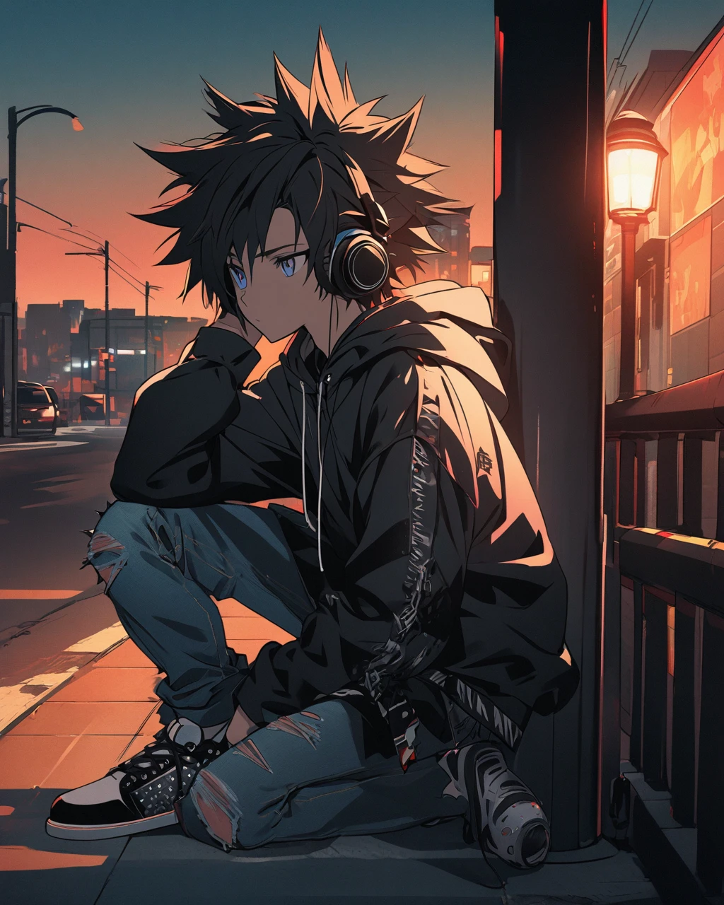 Create a detailed anime illustration of a boy with short, spiky hair and a trendy urban outfit, including a hoodie, ripped jeans, and high-top sneakers. He is leaning against a lamppost, listening to music with headphones, and has a thoughtful expression. Use a sunset gradient background to emphasize the contemporary and reflective mood.