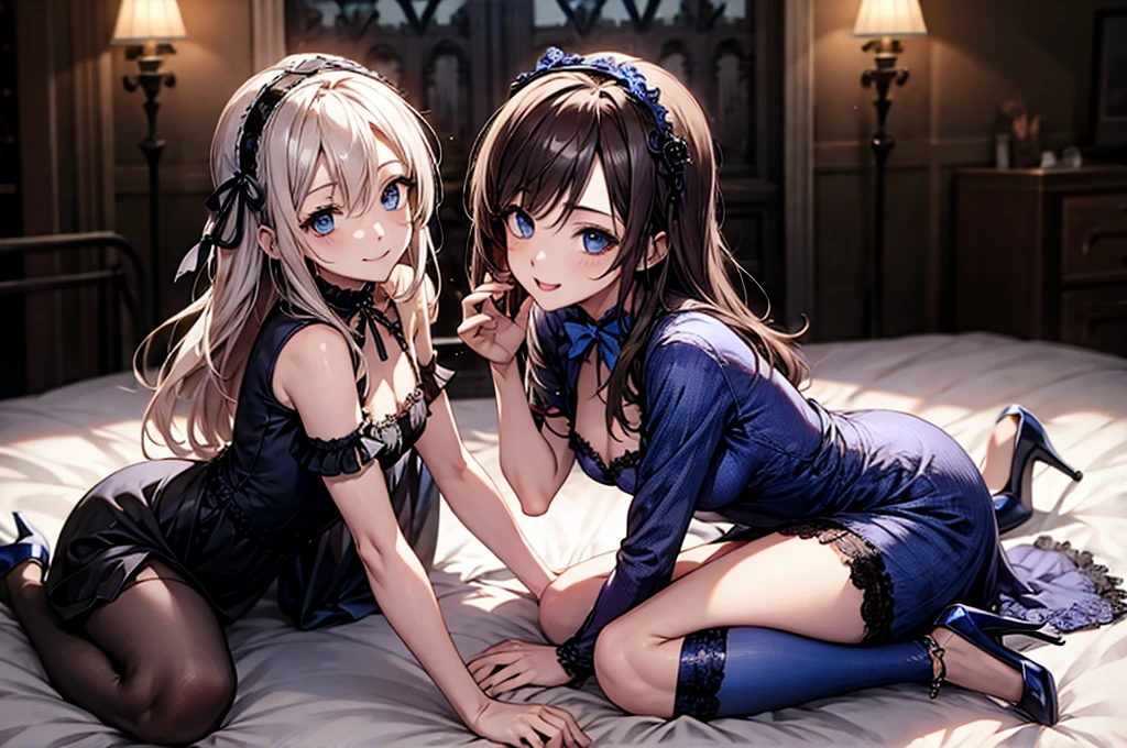 bedroom at night、table top, highest quality, High resolution, masterpiece、Full body Esbian、break(highest qualityのイラスト:1.2), (cute女の子:1.1), (2 girls:1.5, pair:1.5)、 (2 girls、One Pose、two sisters hugging in bed、Full nude hugging from behind、(2girl beautiful eyes, every detail、masterpieceサイドライト、masterpiece、highest quality、detailed、High resolutionのイラスト),delicate makeup, (Close-up:1.2)、throw、soft focus ground bokeh、smile, cute、Medium chest:1.5、非常にdetailedな目:1.2)、thin waist、small ass、Thin yarn(highest quality、超detailedな、非常にdetailedで美しい、超A high resolution、腕のdetailed:1.2), 、break(highest quality、超detailedな、非常にdetailedで美しい、超A high resolution、腕のdetailed:1.2)、break(highest quality、超detailedな、非常にdetailedで美しい、超A high resolution、腕のdetailed:1.2),break is very detailed, Complex, table top, absurd、 ((smooth texture:0.75, realistic texture:0.5, Anime CG style)),