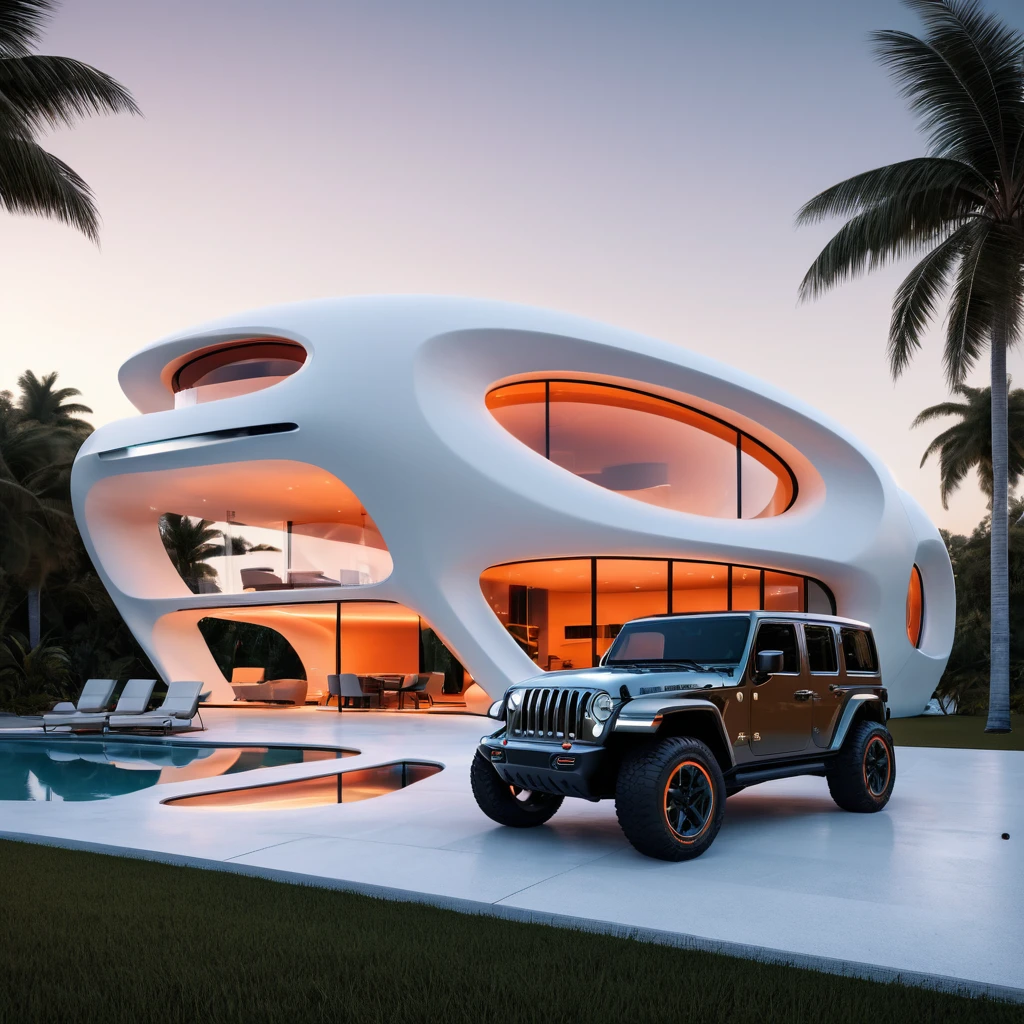 a futuristic house with a jeep wrangler parked in front of it, cgsocietywlop, beautiful curves, intricate devilish designs, qualia, interesting shapes & form, wow factor, elaborate polished, architectural rendering, miami, orange soft lighting in interior of house, futuristic battlefield, inspired by James E. Brewton, precise architectural rendering