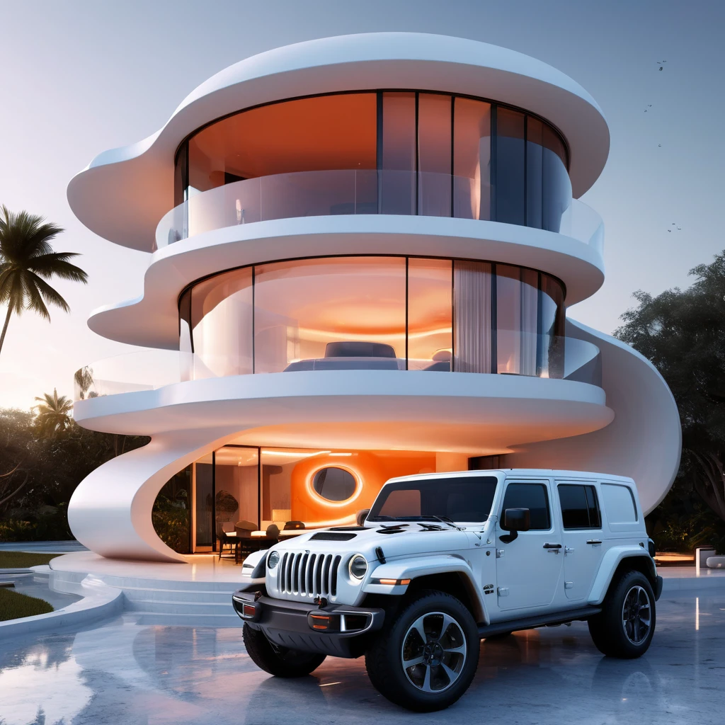 a futuristic house with a jeep wrangler parked in front of it, cgsocietywlop, beautiful curves, intricate devilish designs, qualia, interesting shapes & form, wow factor, elaborate polished, architectural rendering, miami, orange soft lighting in interior of house, futuristic battlefield, inspired by James E. Brewton, precise architectural rendering