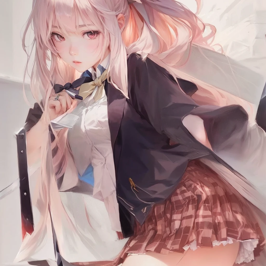 Anime girl in bow tie with long hair and knife, from Girls' Frontline, Girls' Frontline style, Fine details. Girls' Frontline, by Shimo, Kantai Collection Style, Gwaiz, Soft anime illustration, Zerochan Art, Anime Style 4k, Enchanting anime girl, Surreal , by Kamaguruka, Beautiful anime school girl