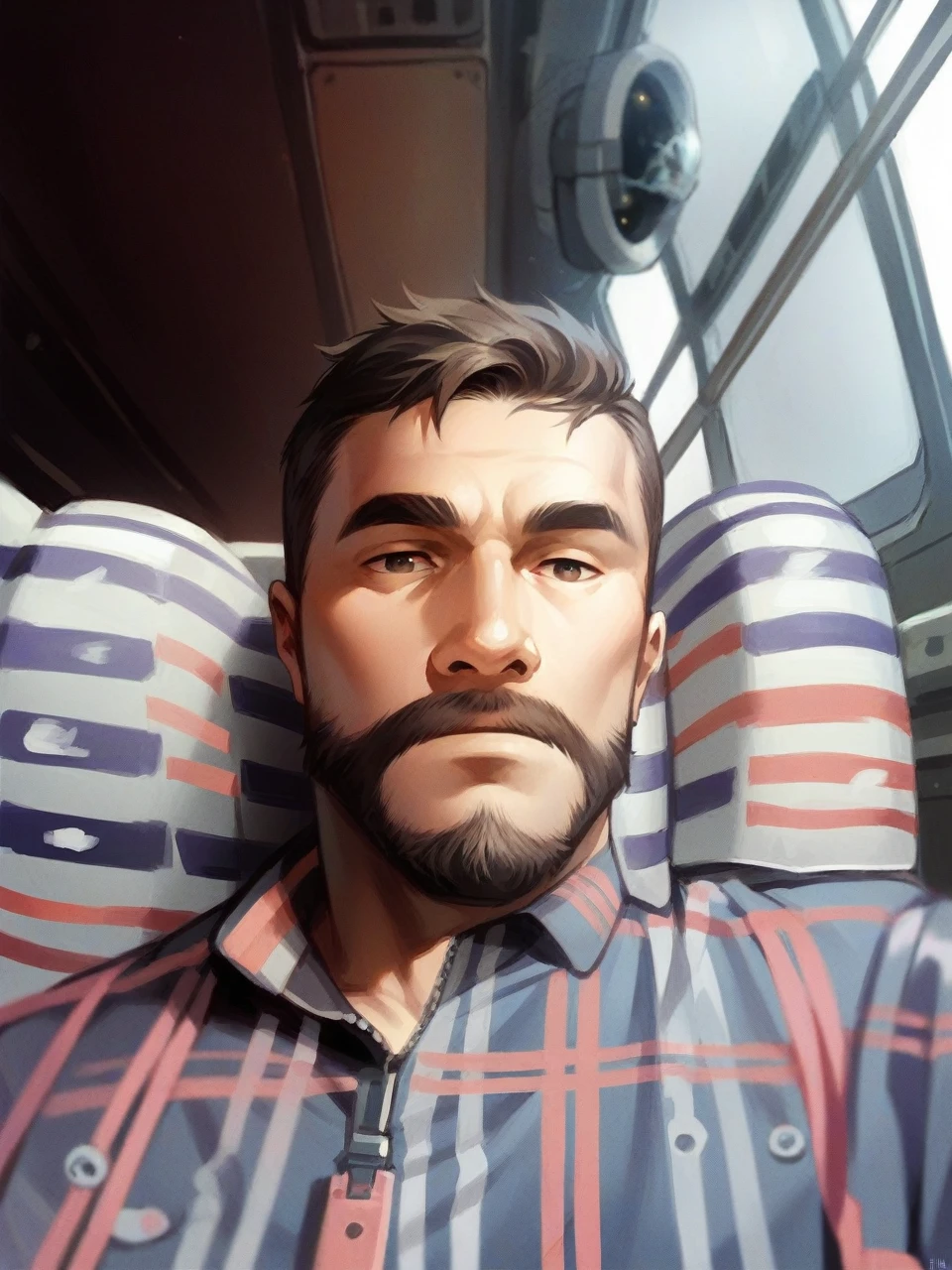 1 man, Spacesuit, sit, beard, inside the spaceship