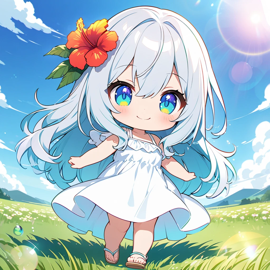 masterpiece, best quality, 4k、2D illustration, one beautiful girl, solo、(((chibi style)))、((vivid colors))、cute chibi, lovely chibi、((colorful))、((long beautiful hair)), glossy light silver hair, hair between eyes, cute, beautifully detailed eyes、((white summer dress))、((straw hat))、hibiscus hair ornament, flip-flops, ((happy smile))、((full body shot))、((summer grasslands))、((gentle breeze))、((blue sky))、sunbeam, white light, ((lens flare)), ((high color saturation)),