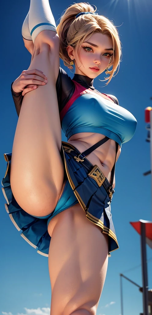 an old Cheerleader，mature woman 
wearing pantyhose and Stockings with suspenders, belt, and fishnet stockings.Golden long hair; eyes are clear sapphire blue; a ponytail; healthy bronze skin; a well-proportioned and smooth figure; muscles are firm yet not lacking in feminine softness; the leg lines are tight and powerful, with a flat and firm abdomen; the top is bright yellow, with a fitted cut that reveals the abdomen, embroidered with the team's emblem on the chest, and her name "Skye" is embroidered in large letters on the back, highlighting her personal identity. The bottom is a black skirt with a gold trim on the hem, which swings lightly with the movement, showing feminine elegance without hindering the execution of any difficult movements. She wears white wrist guards and knee pads, which are not only decorative but also important equipment for protecting the body during training and competition. Her professional cheerleading shoes, which match the uniform in color, provide good support and grip, ensuring that every jump and landing is safe and stable.thick thighs，fleshy thighs，revealing her thighs，big natural breasts，huge round breasts，busty girl，supermodel figure，perfect body