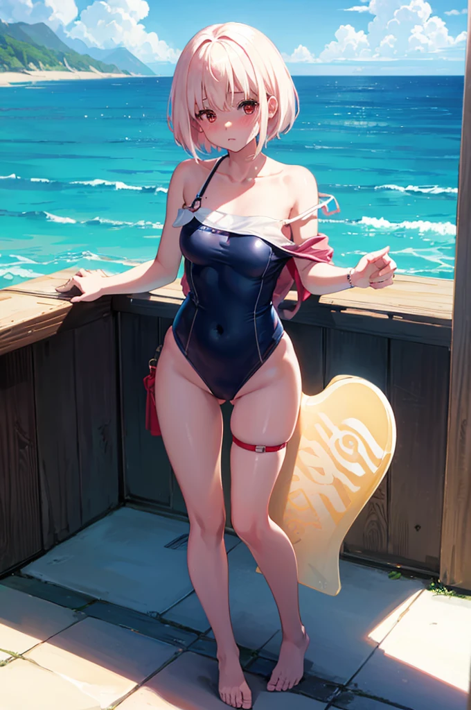 Random Swimsuit,,Blushing、Pale red eyes、Light cream colored hair、short hair、Head to toe full body、Blushing、Embarrassed look、Composition from the front、A view from slightly below、school swimwear、Acme Face、Random pose、, 、nsfw、Highest quality、1 girl、solo、Ocean、Sandy Beach、Sexy pose、Random pose、Blushing、Wet、Embarrassed、I can see half of my 、、One piece swimsuit、(Strap slip:1.3)、