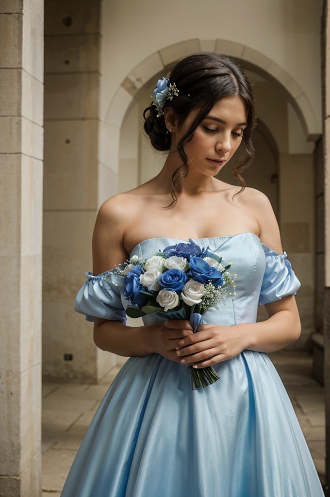 A woman wearing a blue wedding dress, facing forward and carrying flowers