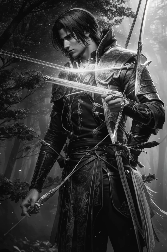 a male archer, 24 years old, with black and white hair,striking pose in a dark forest, magic the gathering, highly detailed, photorealistic, cinematic lighting, dramatic shadows, hyper detailed, intricate details, sharp focus, vibrant colors, moody atmosphere, epic fantasy, concept art style