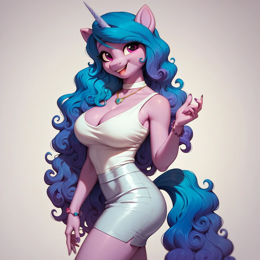 score_9, score_8_up, score_7_up, Izzy Moonbow, mlp, G5, anthro, 1girl, purple eyes, solo, two curly top hair knot buns with two curly hair strands on the side, green see through dress, large breasts, cleavage, jewellery, 1girl, solo