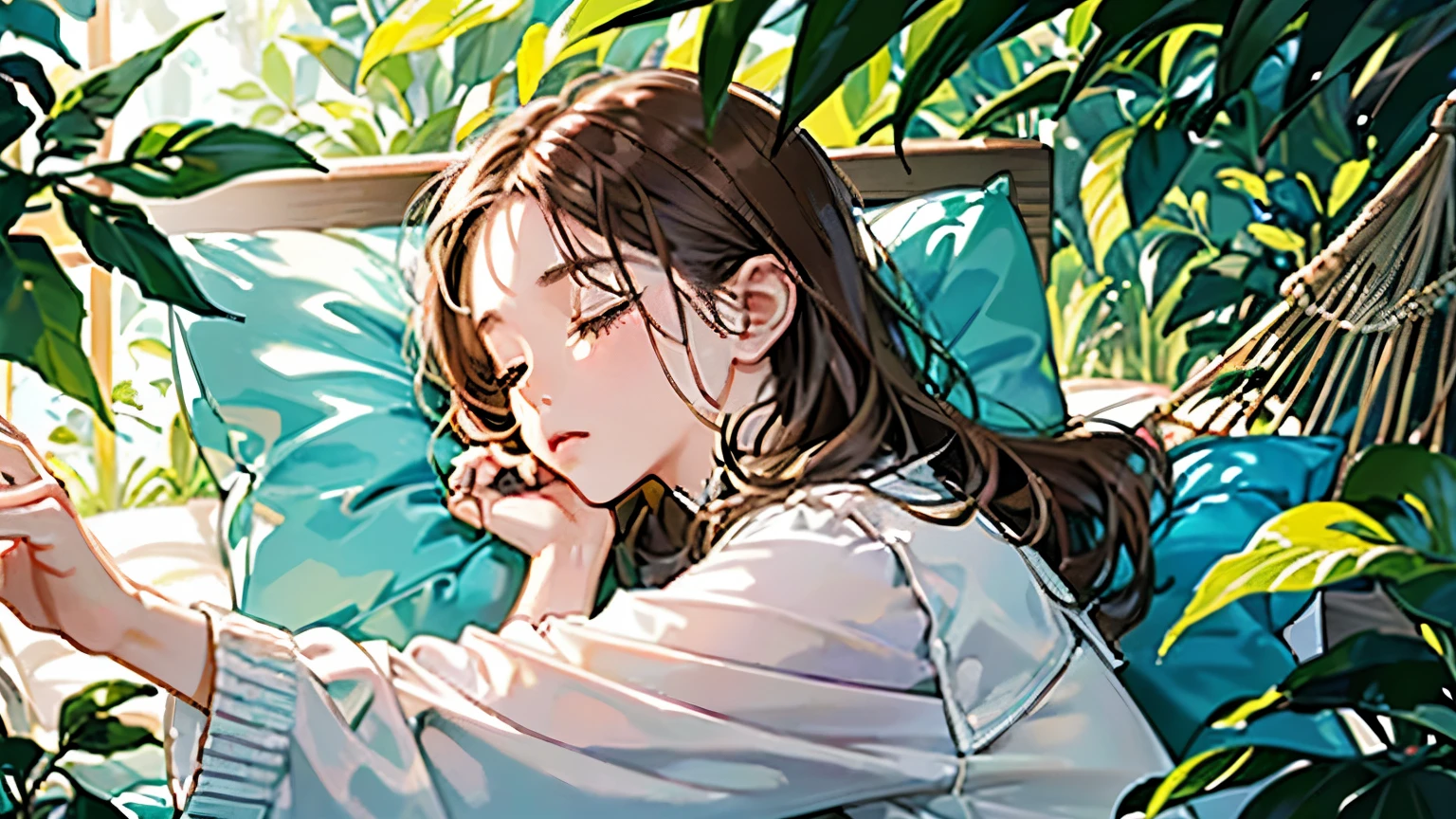 (Highest quality digital art, High resolution 4K)(Digital Illustration, Beautiful images), Perfect Lines, Perfect Face, 20-year-old female, Brown Hair, Fresh greenery、Sunlight filtering through the trees、Garden Space、Beautiful girls、Brown Hair、Cool breeze、sunlight、Foliage plant、white overblouse、Shorts、Sleeping comfortably、sofa