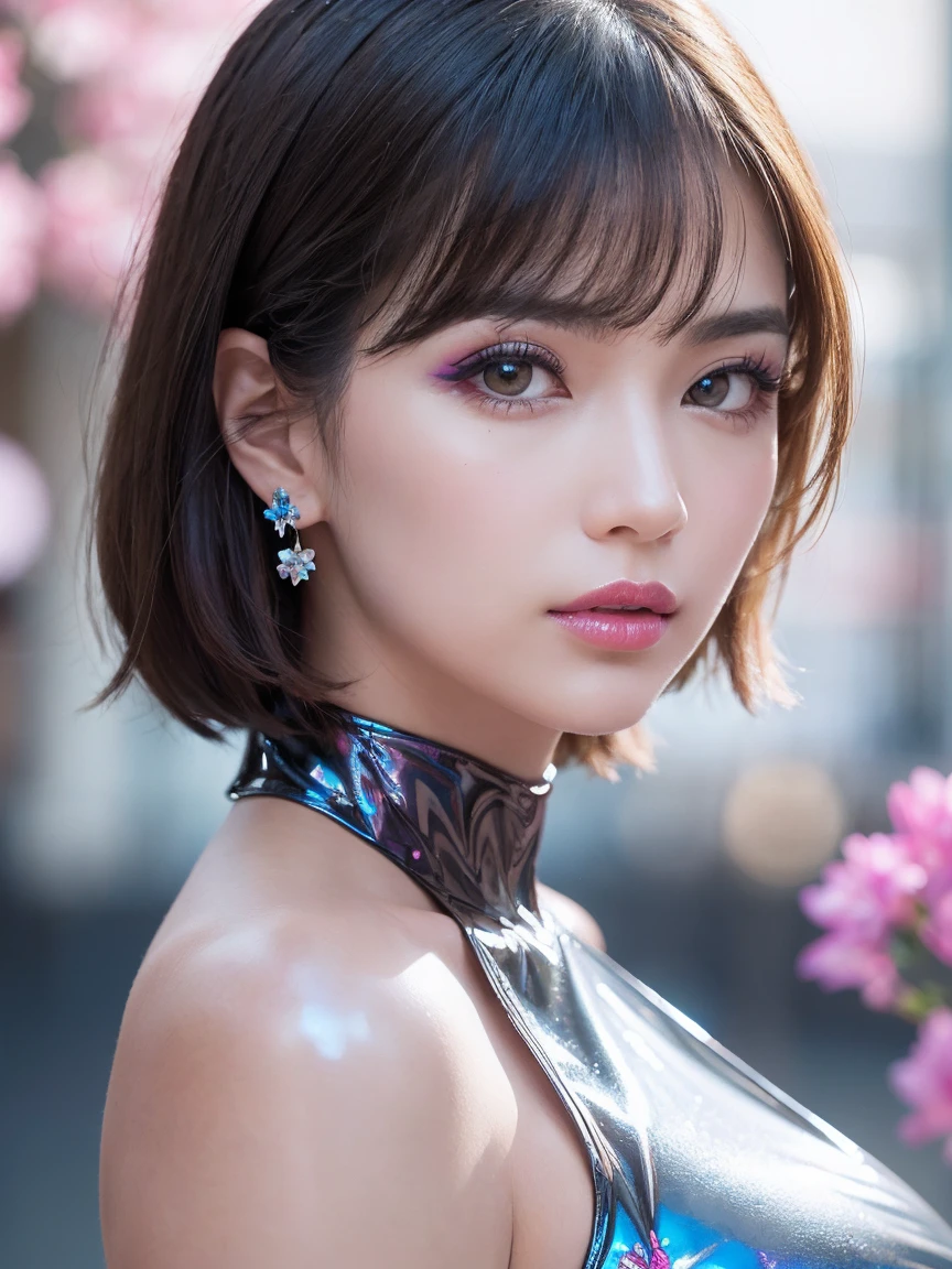 photorealistic Realism 8K, 16K Quality, fashion supermodel, (Glamour, paparazzi taking pictures of her), (ultra absurd quality, extremely detailed detail, hyper resolution, clear sharp focus, not blurry, (perfect round, Realistic brown eyes:1.15)), ((perfect dark_eyeshadows)), (super Detailed, beautiful little nose), (perfect composition), Depth of field, cinematic light, Lens flare, (extremely beautiful face, beautiful lips), pink_makeup:1.2, blue_eyeliner, red_lipstick:1.2,(perfect dark_eyeshadows), (super detailed professional makeup on eyes:1.3), (Detailed nose:1.2), Intricate detail face, best high quality real texture skin, (A woman with velvety skin), ((best high quality real texture hair)), (short blonde hair, (wavy, combed up, behind the ear), extremely detailed)), photo of the most beautiful artwork in the world, professional majestic (photography by Steve McCurry), 8k uhd, dslr, soft lighting, high quality, Fujifilm XT3 sharp focus, f 5.6, dramatic, (Anatomically correct perfect proportions), ((perfect hands:1.2)), ((perfect female body:1.4)), cute girl, ((firm and full breasts)), ((super beautiful cute sharp-face)), (light pale complexion),  (blue, red, pink, flower clusters: 1.45), ((Beautiful girl with long legs and good style:1.25)), ((body shot to knees:1.3)),(dynamic pose:1.25),((Lively,Active,vivaciousness)),((no_Pantise)),(Erotic:1.33), (cowboy shot), break, ((printed flower clusters: 1.44)), ((iridescence holographic tight flower latex Clothing:1.3), intricate details:1.25)