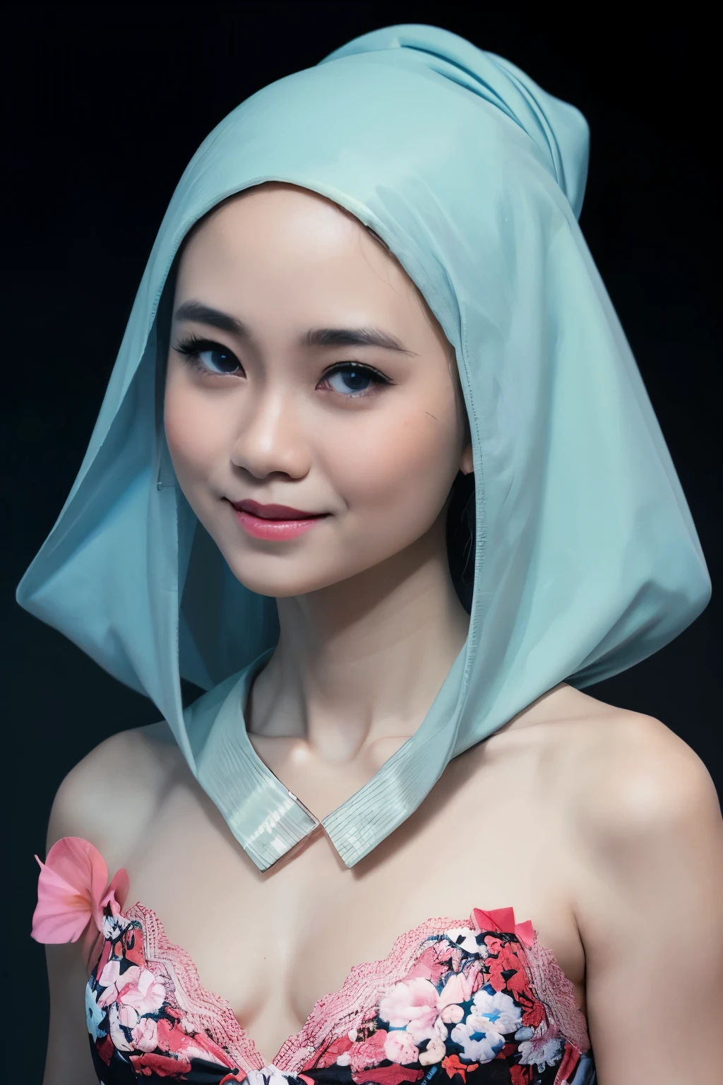 ((FLAT CHEST:1.8)), ((Lace)), (Happy smile), (((HIJAB MALAY GIRL))), masutepiece, High quality, UHD 32K, Realistic face, Realistic skin feeling , A Japanese Lady, 58 years old matured lady, , Very cute and baby-like face, (((FLAT CHEST))), (Night time at forest), ((look In front  at the camera and SADNESS)), (((WHITE FLUORESCENT))), (((CUTE GIRL))), ((LIGHT BLUE FLUORESCENT LIPS)), ((Floral Pattern)) little wearing strapless bra, strapless colorful bra, dark night background , black forest night, horror scary place, (from behind up) seductive pose