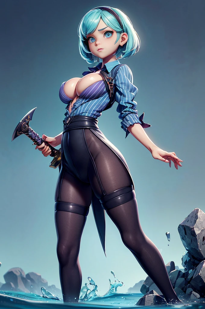 Mini Nier Automata, (Nier Automata), solo, ray tracing, 3D style, 3DMM, ((oses per photo)), ((oses ouch cada foto)), fully body,(Front view),(Costas Issue), (Emist on the left), show flat belly, (((oses per photo))),(very big breastsperfect ass, perfect and symmetrical eyes, (perfect handuturistic sword in hand)), ((short hair)),((Open wizard clothes)),white clothing with textured edges, skin fair, luouchas detalhadas, White thigh-high tights with trim, ouchestido aberto ouch "ouch", Waist slender, big legs, low water, Show legs to the top of the waist, (broken fabric falling over the legs),((open top)),ultra realistic skin, realistic human eyes,ultra realistic skin,((striped shirt)),super sensual suit,(faixas ouch torno dos seios), colorfully,top with ruffles,(pubis with a lot of volume),(extrouchamente sensual),(very sensual),(((Big tits))),(((cabelo dividido ouch dois))),((((Social clothes, open on the breasts and front)))),(((cyan and purple clothes))),((details Intricate))