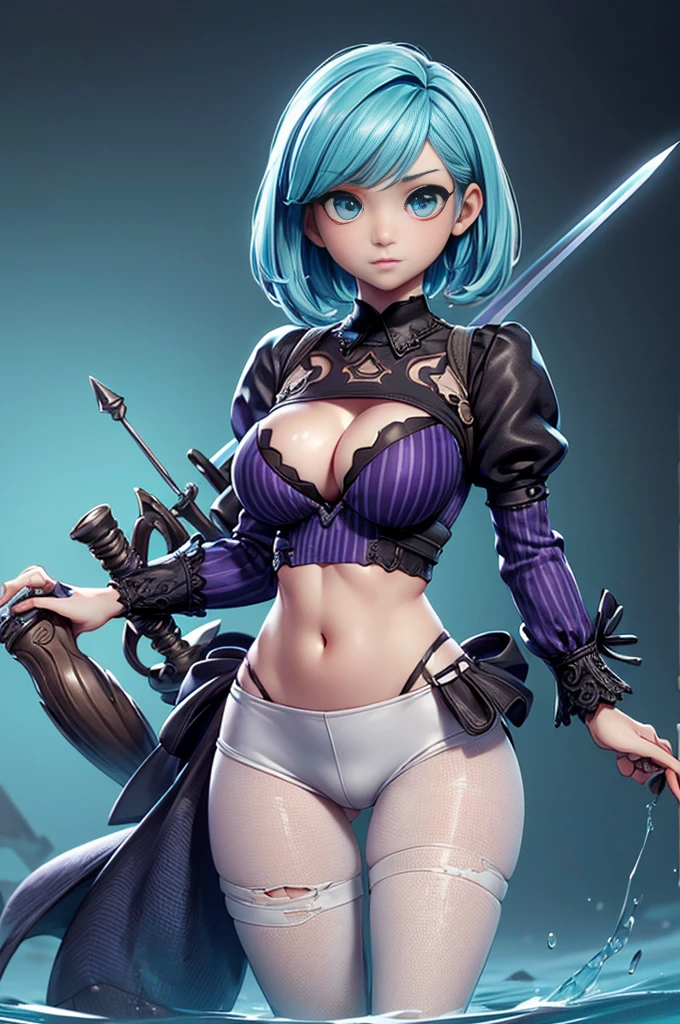 Mini Nier Automata, (Nier Automata), solo, ray tracing, 3D style, 3DMM, ((oses per photo)), ((oses ouch cada foto)), fully body,(Front view),(Costas Issue), (Emist on the left), show flat belly, (((oses per photo))),(very perfect ass, perfecnd symmetrical eyes, (perfect handuturistic sword in hand)), ((short hair)),((Open wizard clothes)),white clothing with textured edges, skin fair, luouchas detalhadas, White thigh-high tights with trim, ouchestido aberto ouch "ouch", Waist slender, big legs, low water, Show legs to the top of the waist, (broken fabric falling over the legs),((open top)),ultra realistic skin, realistic human eyes,ultra realistic skin,((striped shirt)),super sensual suit,(faixas ouch torno dos seios), colorftop with ruffles,(pubis with a lot of volume),(extrouchamente sensual),(very sensual),(((Big tits))),(((cabeido ouch dois))),((((Social clothes, open on the breasts and front)))),(((cypurple clothes))),((details Intricate))