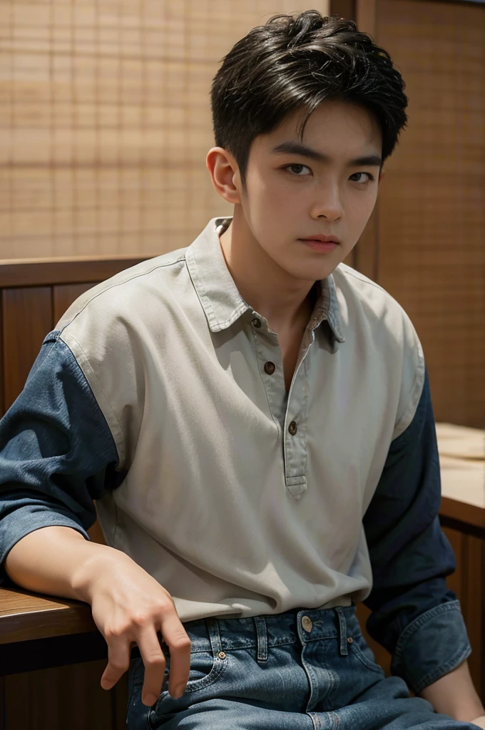 ((realistic daylight)) , Young Korean man in black sports shirt only, no pattern, denim shirt, jeans., A handsome, muscular young Asian man looks at the camera. , in the restaurant ,turn sideways((realistic daylight)) , Young Korean man in black sports shirt only, no pattern, denim shirt, jeans., A handsome, muscular young Asian man looks at the camera. , in the restaurant ,turn sideways