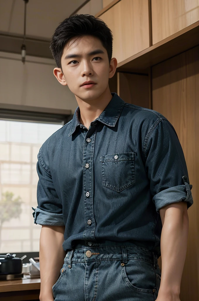 ((realistic daylight)) , Young Korean man in black sports shirt only, no pattern, denim shirt, jeans., A handsome, muscular young Asian man looks at the camera. , in the restaurant ,turn sideways((realistic daylight)) , Young Korean man in black sports shirt only, no pattern, denim shirt, jeans., A handsome, muscular young Asian man looks at the camera. , in the restaurant ,turn sideways