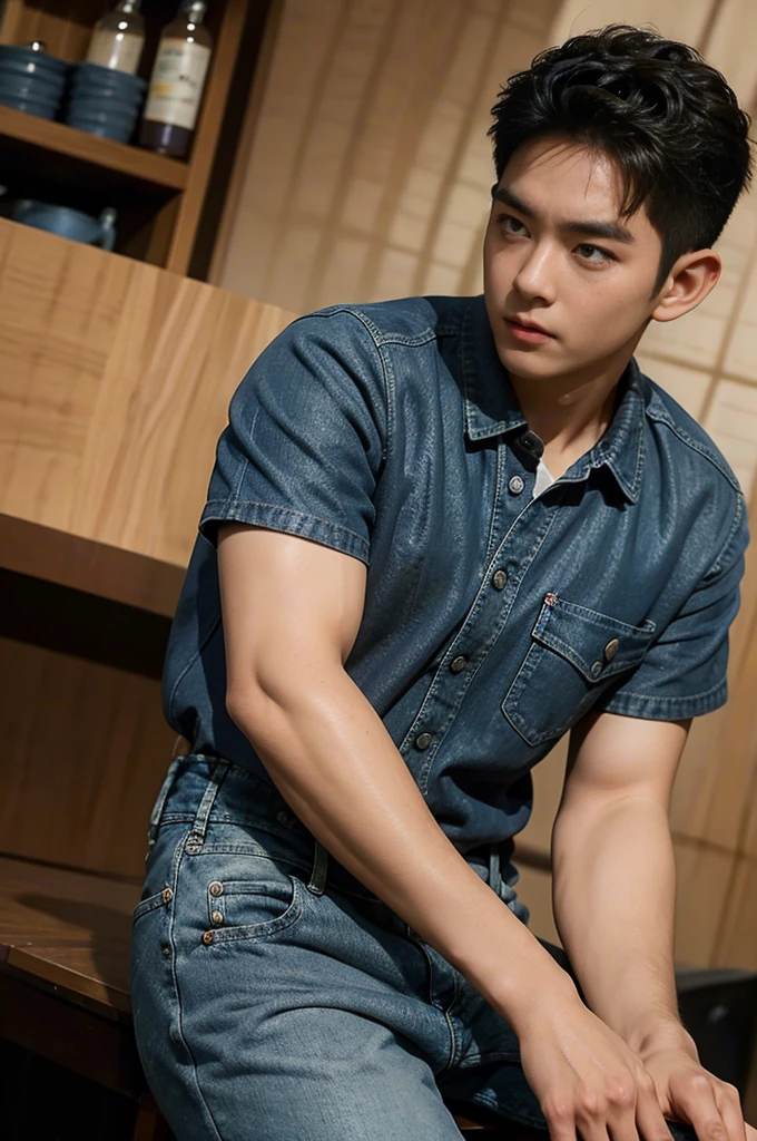 ((realistic daylight)) , Young Korean man in black sports shirt only, no pattern, denim shirt, jeans., A handsome, muscular young Asian man looks at the camera.  , in the restaurant ,turn sideways((realistic daylight)) , Young Korean man in black sports shirt only, no pattern, denim shirt, jeans., A handsome, muscular young Asian man looks at the camera.  , in the restaurant ,turn sideways