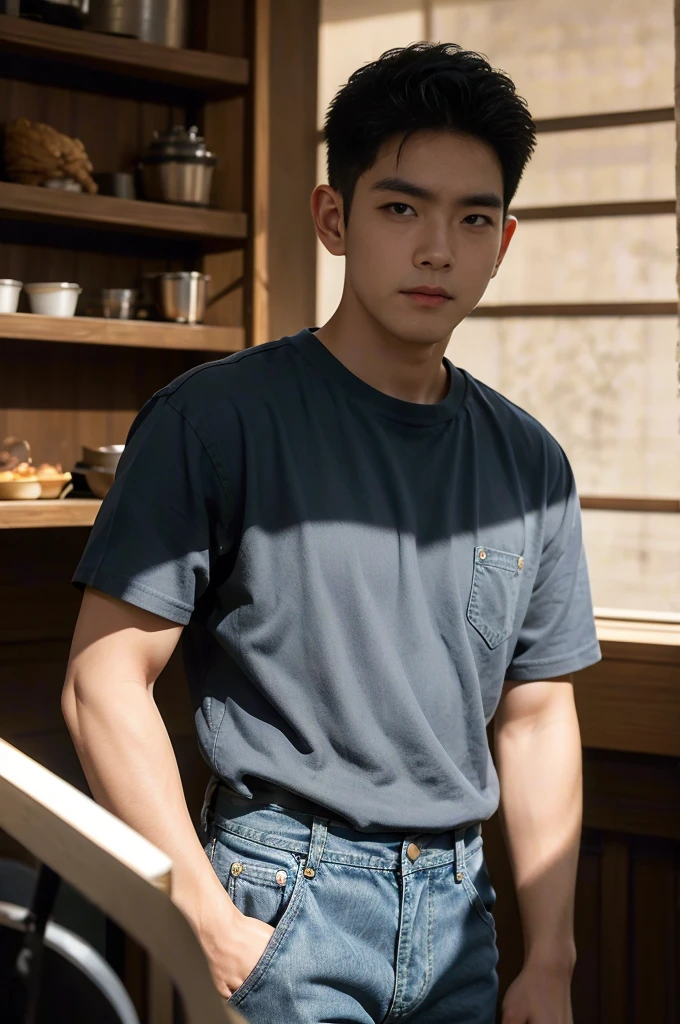 ((realistic daylight)) , Young Korean man in black sports shirt only, no pattern, denim shirt, jeans., A handsome, muscular young Asian man looks at the camera. , in the restaurant ,turn sideways((realistic daylight)) , Young Korean man in black sports shirt only, no pattern, denim shirt, jeans., A handsome, muscular young Asian man looks at the camera. , in the restaurant ,turn sideways