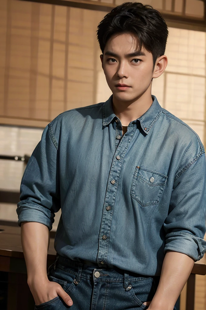 ((realistic daylight)) , Young Korean man in black sports shirt only, no pattern, denim shirt, jeans., A handsome, muscular young Asian man looks at the camera. , in the restaurant ,turn sideways((realistic daylight)) , Young Korean man in black sports shirt only, no pattern, denim shirt, jeans., A handsome, muscular young Asian man looks at the camera. , in the restaurant ,turn sideways