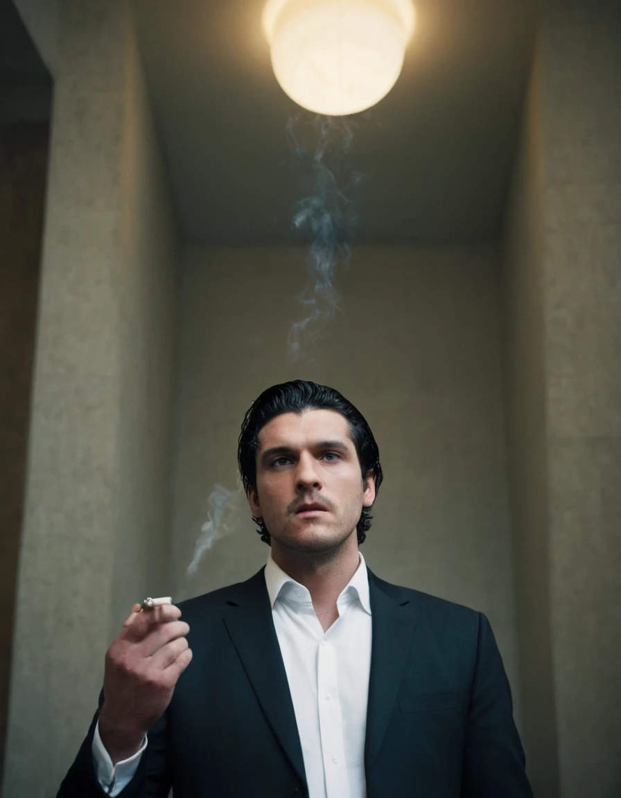 An extreme low angle shot photo taken from below of a man in black suit, white shirt, with black tie, smoking a cigarette. The man is looking down at something behind the viewer.