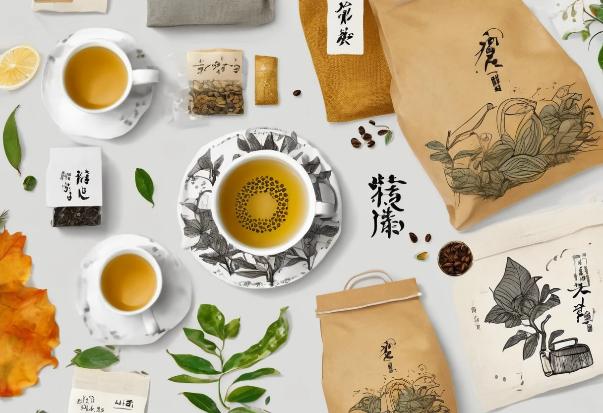 A set of tea sets for casual relaxation with illustrations,calligraphic fonts with green tones,coffee bags,paper bags,prints and accessories,with the theme of the harvest world,clean light gray background,(niji:2),hand-drawn,illustration style