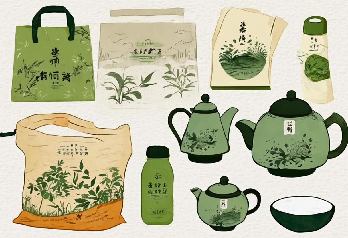 A set of tea sets for casual relaxation with illustrations,calligraphic fonts with green tones,coffee bags,paper bags,prints and accessories,with the theme of the harvest world,clean light gray background,(niji:2),hand-drawn,illustration style