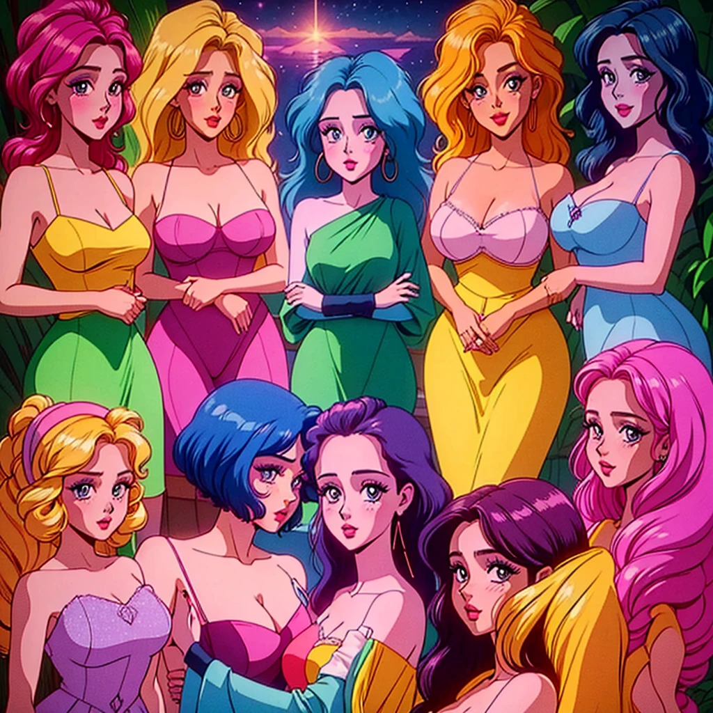 (Masterpiece) (4k) (vivid colors) ((several women)) (evening light)Familia de several women llamativas y sensuales de edades de entre 13 años a 40 años, with the size of their breasts corresponding to their ages