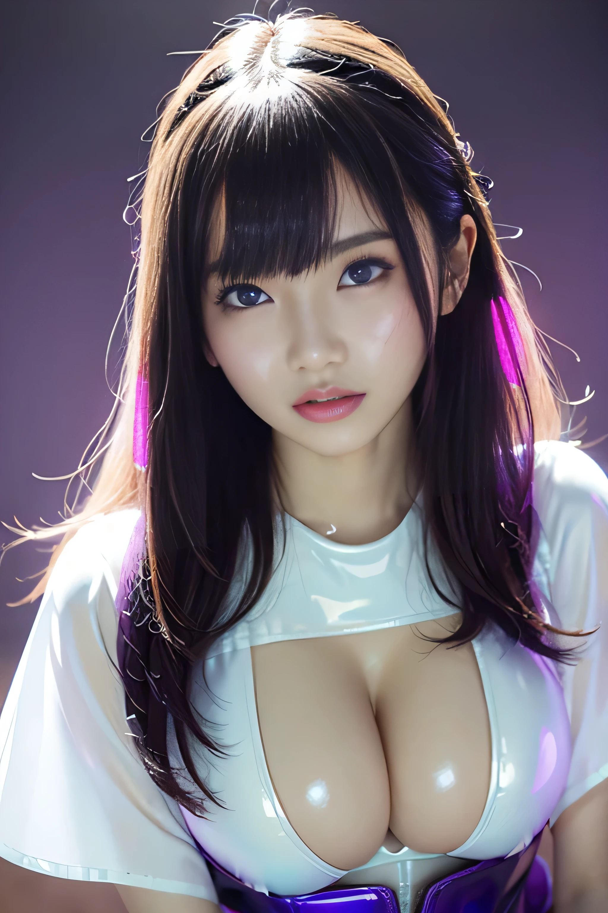 Highest quality、masterpiece、Ultra-high resolution、(Photorealistic:1.4)、RAW Photos、One Girl、, Glowing Skin、Put the headset on your head、((Ultra-Realistic Details))、Portrait、Global Illumination、Shadow、Octane Rendering、8k、Super sharp、((Delicate body type))、Hair ornament of the future、((Wear a thin white latex shirt on bare skin:1.4))、Slender figure, Cleavage、((Huge boobs:1.4))、(Sunburned skin:1.4)、Very intricate details、Realistic Light、Metallic Shine、CGSoation Trend、(Purple eyes:1.4)、(Shining Eyes)、To the camera、Neon Details、Sit on、Cyberpunk Background、Small LED Lamp、(Pink and green lighting from behind)、