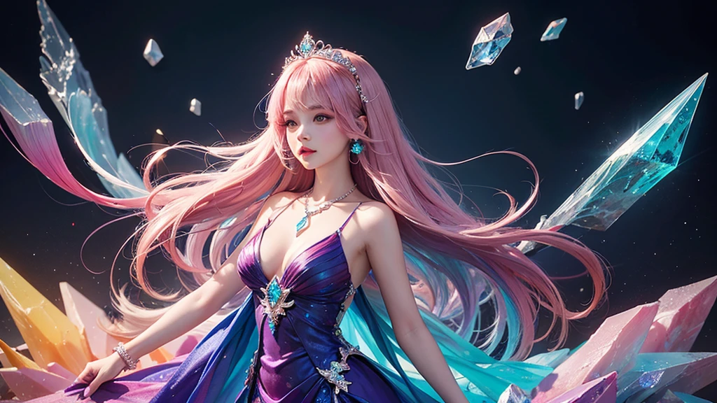 Highest quality，masterpiece，16K，One girl, bangs, Exposing shoulders, chest, Crown, crystallization, dress, From the side, gem,Colorful crystallizations,Crystal Headwear,There are many crystallizations on the clothes,Colorful Gradient Hair,カラフルなdress,Colorful crystals floating,Body crystals,Crystal Necklace,Colorful crystallization decoration,crystalline girl, Gradient Hair, jewelry, Long Hair, compensate, medium chest, Multicolored Hair, Pink Hair, alone, tiara