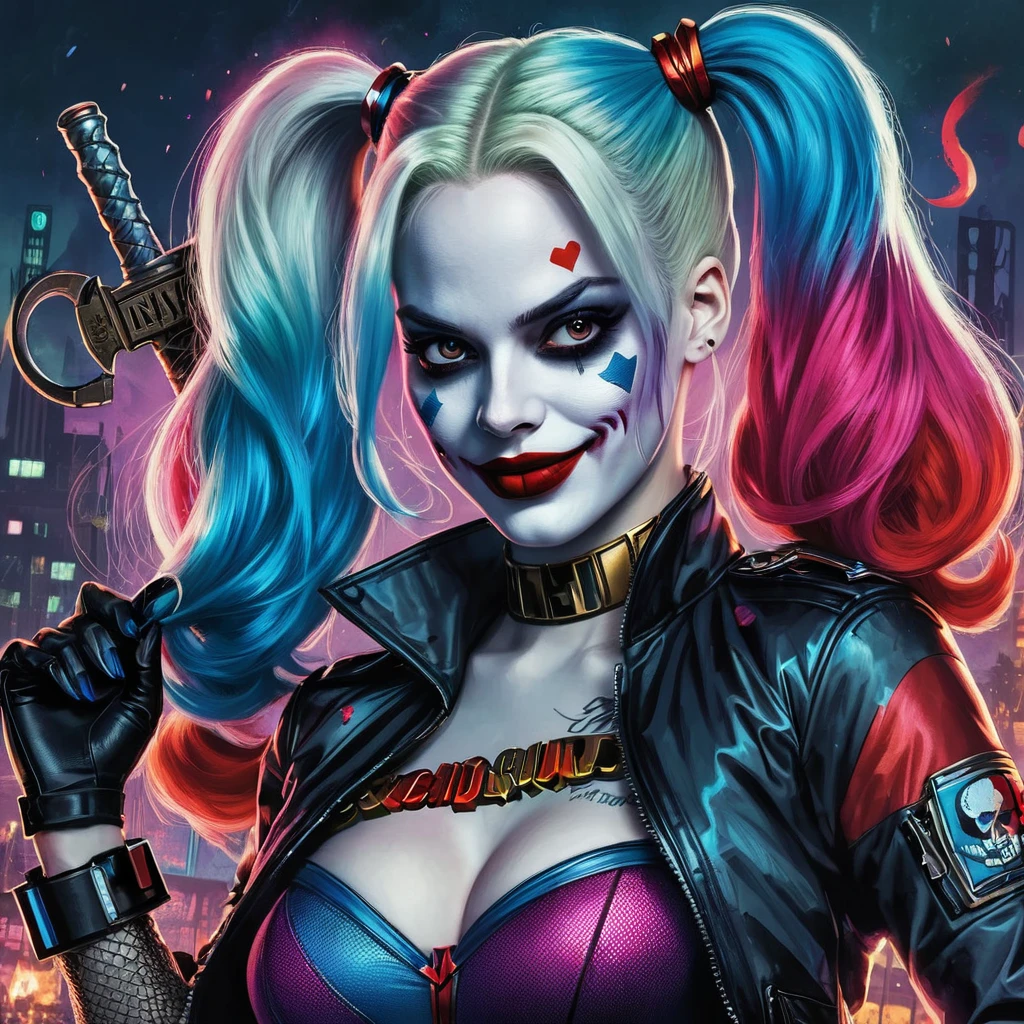 ((Need)), ((Masterpiece artwork)), (A detailed), (fantasy illustrations:1.3),(cinematic light,《Suicide squad》,the night:1.6),To mysterious aura two ghosts,red eyes,red moon,pay,,Close do morcego,Harley Witch, only, Dark black cloak,Great dynamic style injects mystery into the scene,Rich atmosphere of suspense and terror。Harley Quinn's serious expression conveyed a sense of danger and intrigue,'Cause she navigated dark and sinister streets,Sinister characters hiding in the shadows,Her menacing presence adds to the suspense。The scene is filled with dramatic lighting,Cast a mysterious glow and deep shadows,Create a sense of impending doom and terror。Street light at night,Detailed representation of the branch and lanterns texture,Lanterns hanging from trees,It has flowers on it, dark lighting,background bokeh,soft lighting, dim and dim lights, Scary lantern lighting,Peaceful and spooky atmosphere,mysterious and dark,Detailed lighting effects,Smooth color transitions,Lantern branches are depicted in a frightening way。Ghosts float in the smoke, seducing gaze, Mysterious sky,Moon Night, pastel colored, (A high resolution:1.2)