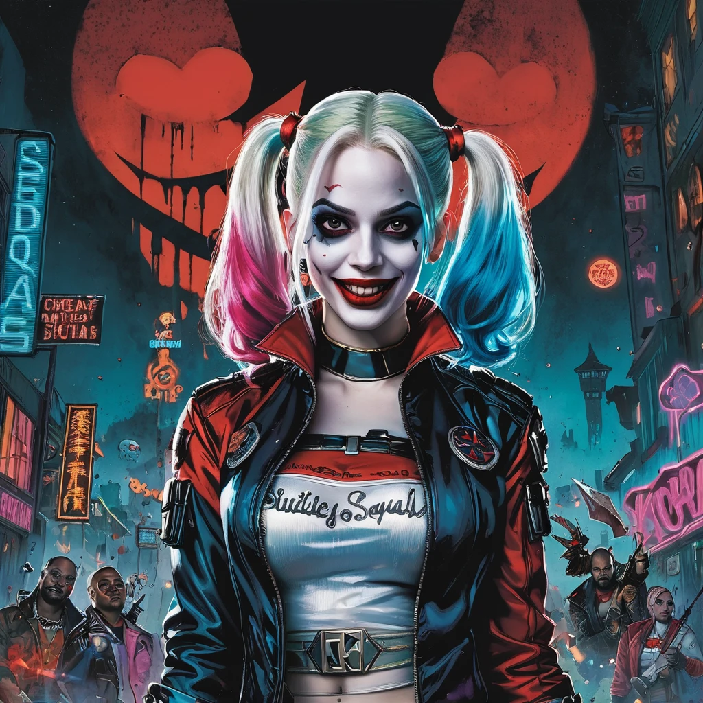 ((Need)), ((Masterpiece artwork)), (A detailed), (fantasy illustrations:1.3),(cinematic light，《Suicide squad》，the night:1.6)，To mysterious aura two ghosts，red eyes，red moon，pay，，Close do morcego，Harley Witch， only， Dark black cloak，Great dynamic style injects mystery into the scene，Rich atmosphere of suspense and terror。Harley Quinn&#39;s serious expression conveyed a sense of danger and intrigue，&#39;Cause she navigated dark and sinister streets，Sinister characters hiding in the shadows，Her menacing presence adds to the suspense。The scene is filled with dramatic lighting，Cast a mysterious glow and deep shadows，Create a sense of impending doom and terror。Street light at night，Detailed representation of the branch and lanterns texture，Lanterns hanging from trees，It has flowers on it, dark lighting，background bokeh，soft lighting, dim and dim lights, Scary lantern lighting，Peaceful and spooky atmosphere，mysterious and dark，Detailed lighting effects，Smooth color transitions，Lantern branches are depicted in a frightening way。Ghosts float in the smoke， seducing gaze, Mysterious sky,Moon Night, pastel colored, (A high resolution:1.2)