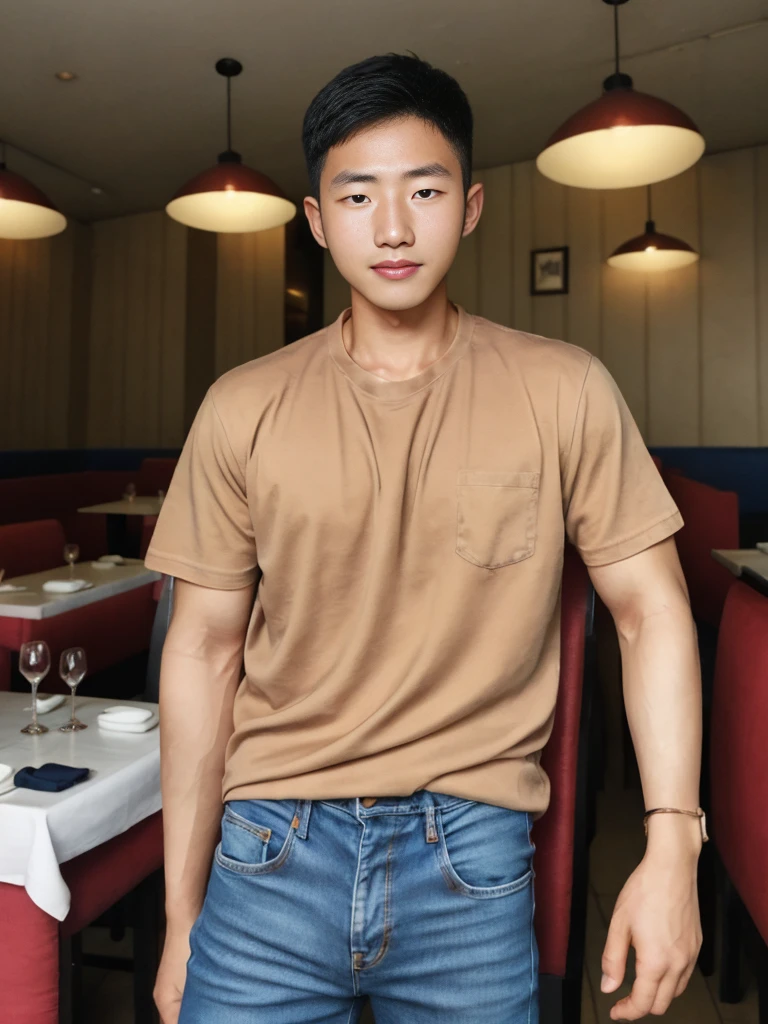 ((realistic daylight)) , Young Korean man in a simple brown t-shirt only, no pattern, denim shirt, and jeans., A handsome, muscular young Asian man looks at the camera. , in the restaurant ,turn sideways