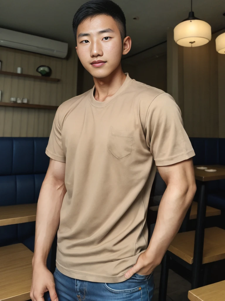 ((realistic daylight)) , Young Korean man in a simple brown t-shirt only, no pattern, denim shirt, and jeans., A handsome, muscular young Asian man looks at the camera.  , in the restaurant ,turn sideways