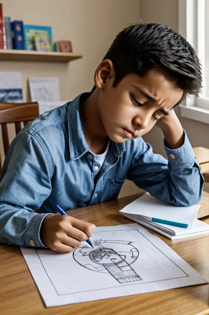 A boy who slept in tears on his table while drawing his problems in a paper