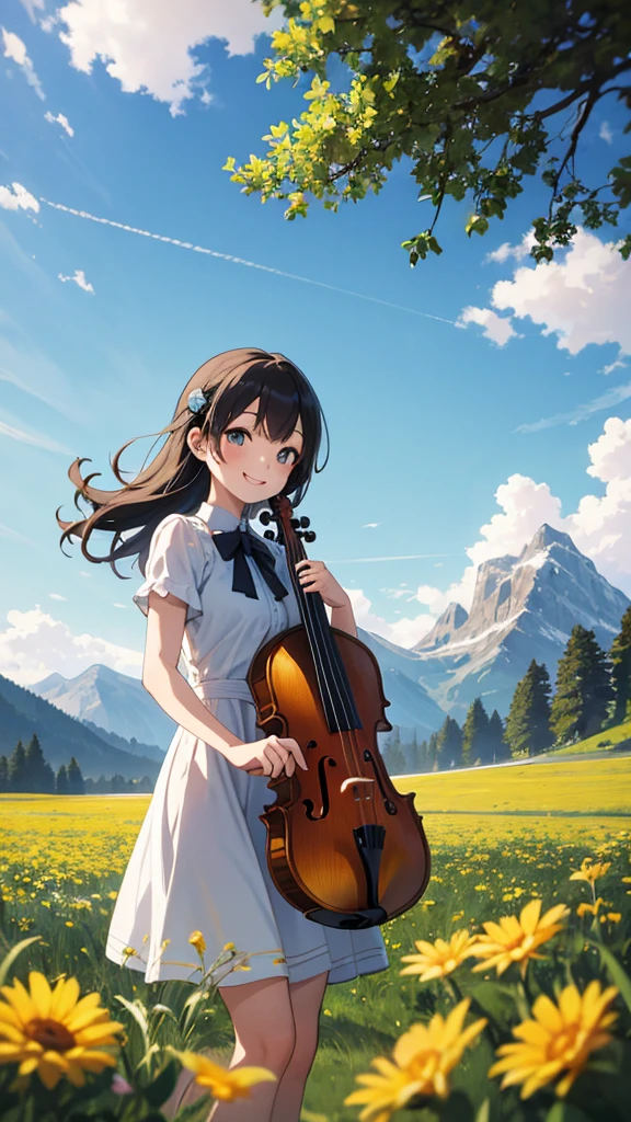 kawaii 1girl, violin playing, smile, slim, dress, outdoors, in nature, mountains,  grassfield, flowers, sky, floating hair